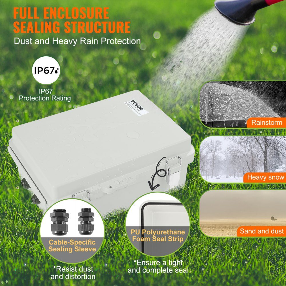 Outdoor Electrical Junction Box 300x200x180mm ABS Plastic Electrical Enclosure with Hinged Lid Stainless Steel Latch IP67 for Outdoor Electrical Projects