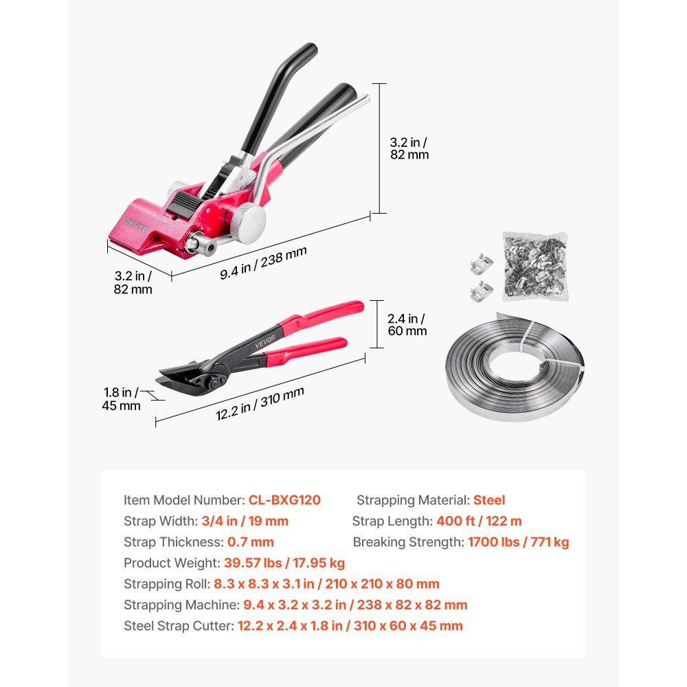 4-piece steel strapping set, manual strapping tool with 122m metal strapping, 400 metal clips and cutters, perfect workshop equipment for industrial packaging, transport and storage