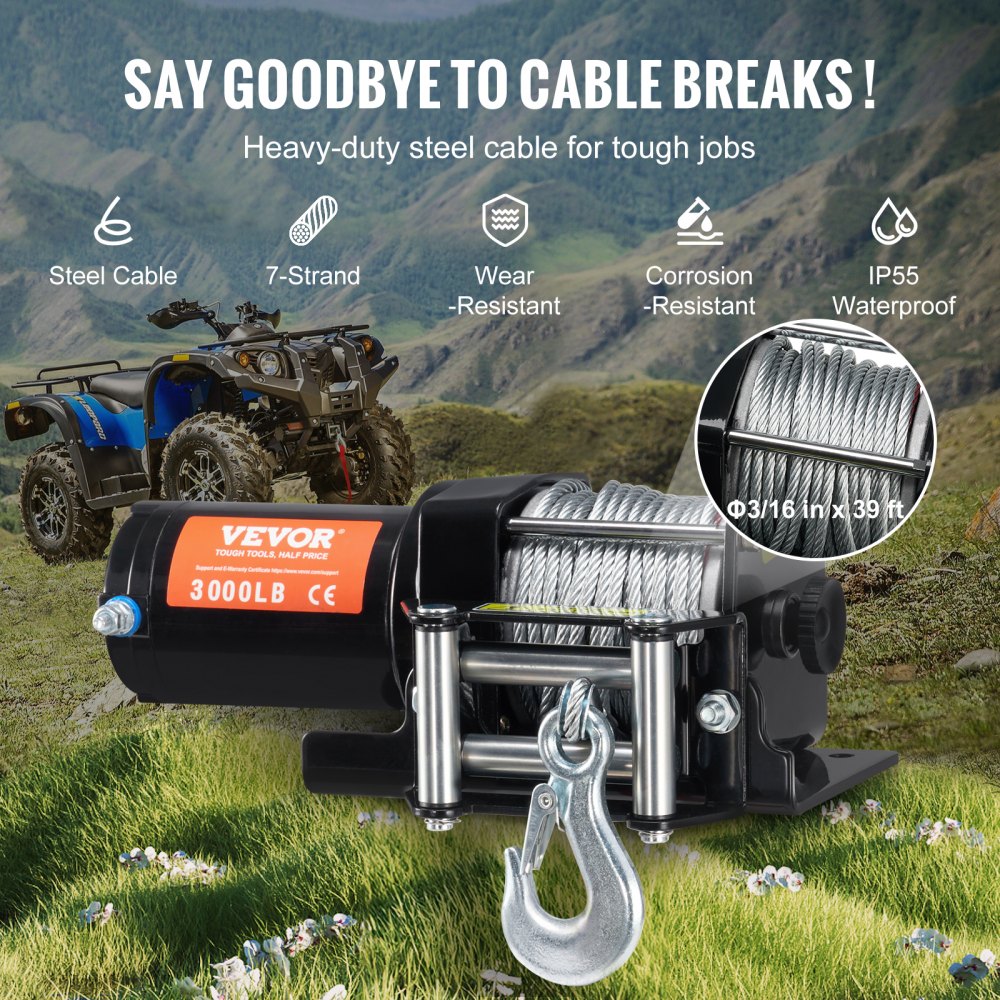 Treuil électrique, force de traction de 3 000 lb, 12 V CC pour ATV/UTV, avec câble en acier Φ 3/16" x 39 pieds, guide-câble à rouleaux, télécommande par câble, résistance à l'eau IP55, idéal pour la récupération tout-terrain UTV ATV