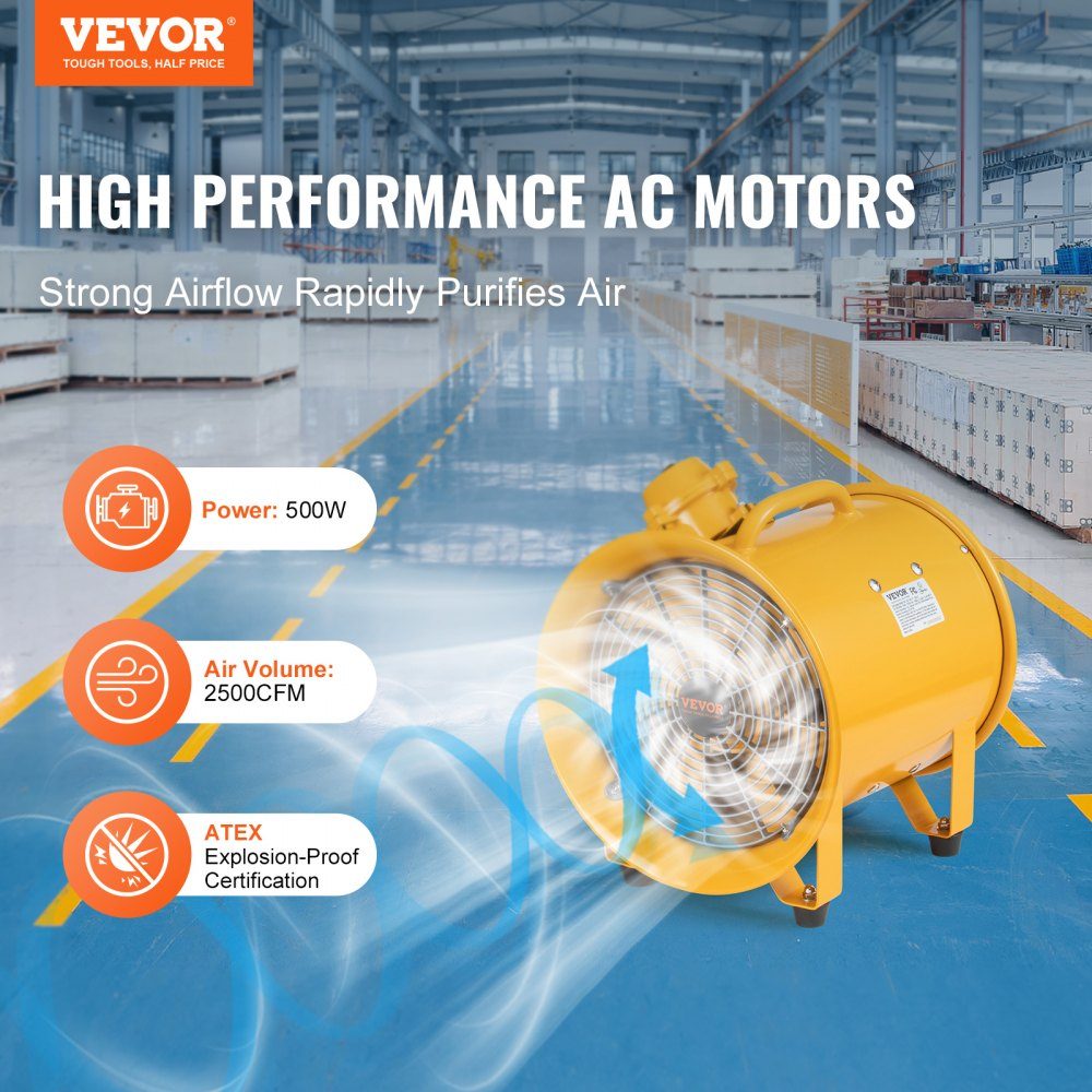 Bauventilator, 550 W AC-Motor, Bauventilator, 2850 U/min, Bauventilator, Gebläse 1179 l/s (2500 CFM), Axialventilator, 3 m Netzkabel, Axialventilator, 75 dB Geräuschpegel, Industrieventilator IP44
