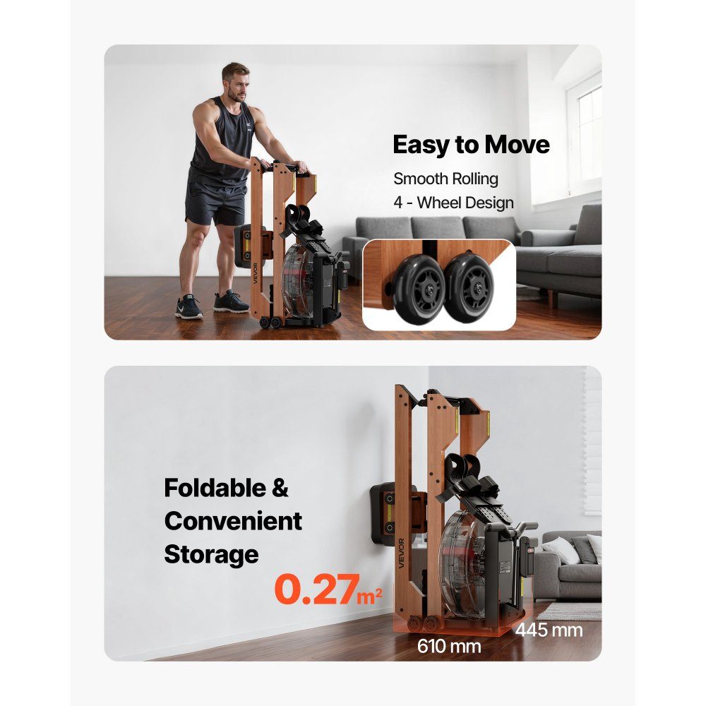 Rowing Machine 6 Level Quiet Resistance, Foldable Wooden Water Rowing Machine mit 14-l-Wassertank and LCD Monitor, Bluetooth App Compatible, 158kg Weight Capacity, Immersive Rowing Machine