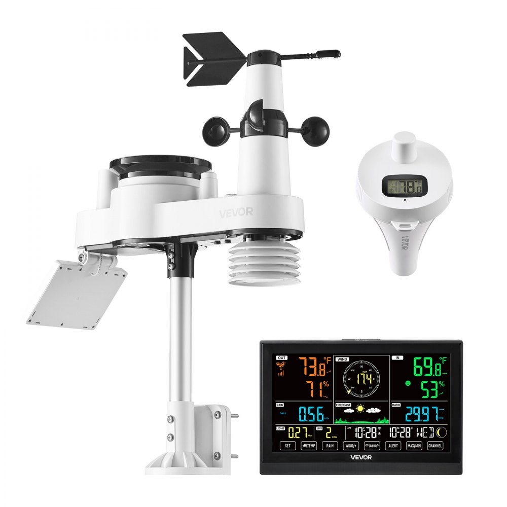 7-in-1 WiFi-weerstation met APP, 7,5-inch display, buitensensor op zonne-energie, met zwembadthermometer, regenmeter, weercentrum voor weersvoorspelling, windsnelheid, zwembadtemperatuur