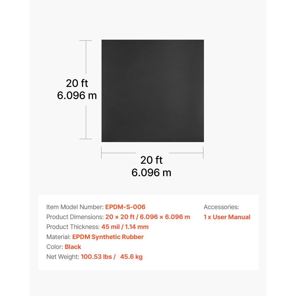 Dachbahn, 6,096 x 6,096 m, Dachbahn, 1,14 mm EPDM-Folie, Carport-Abdichtung, langlebig & witterungsbeständig, Dachabdichtung, Dachunterspannbahn für Wohnmobile, Dächer, Teiche
