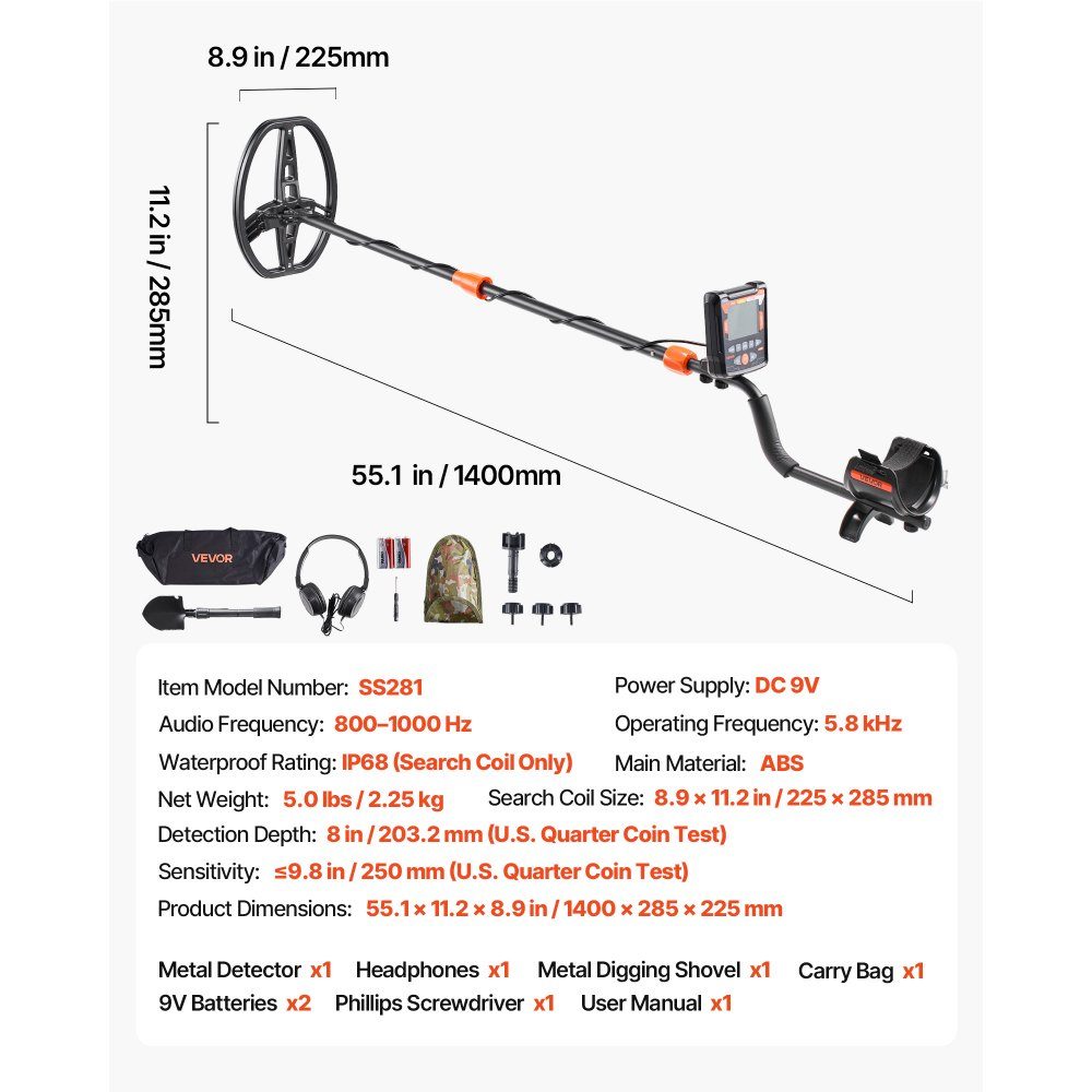 Metalldetektor für Erwachsene 254 mm, professioneller Metalldetektor mit 5 Modi, hochpräziser Golddetektor, IP68 wasserdichte Suchspule mit Display, Kopfhörer, verstellbare Länge, für Goldsuche