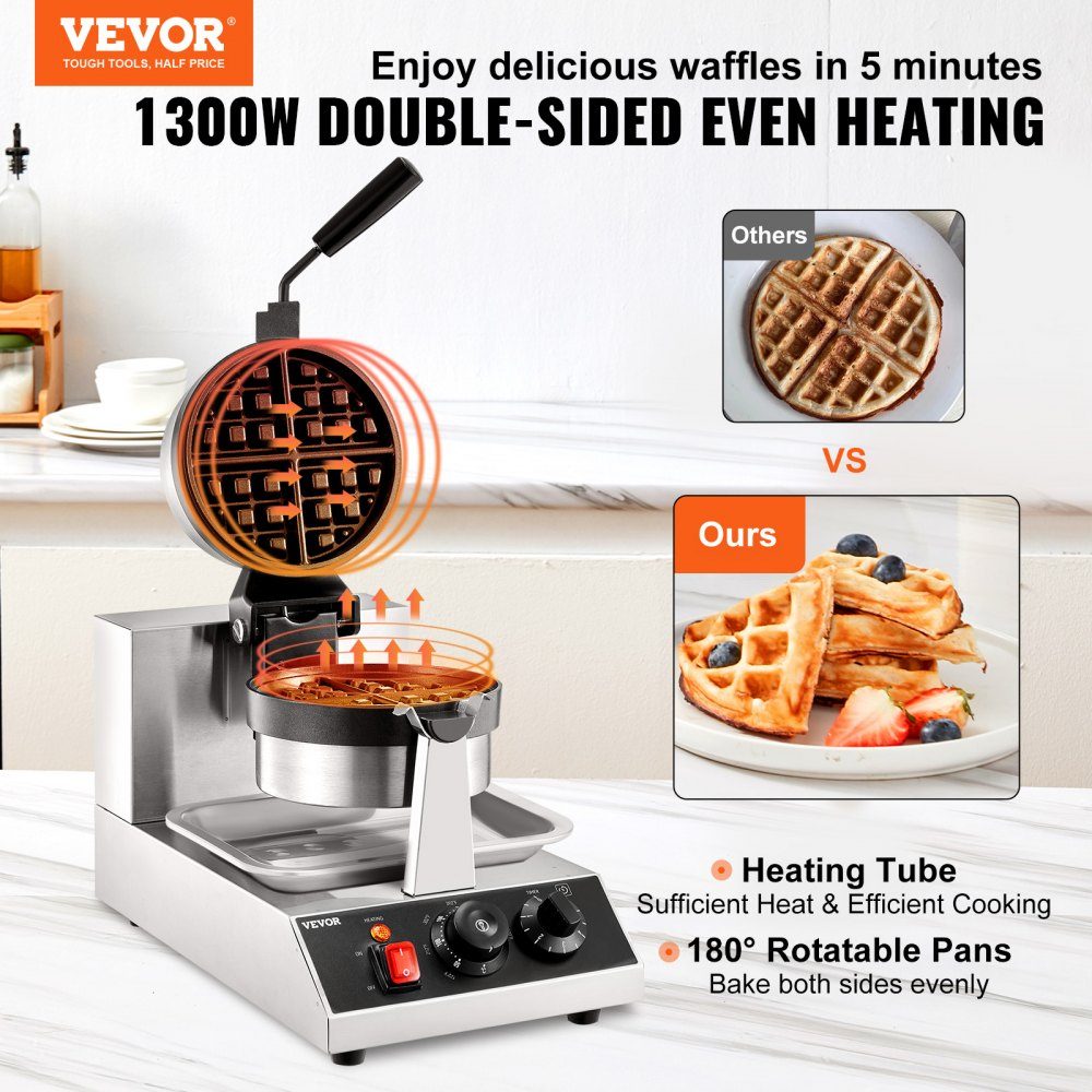 Round waffle iron waffle 1300 W, contact grill Belgian waffle iron 4 pieces. Stainless steel waffle machine including food clip, brushes and anti-scald handle, for cafes, restaurants etc