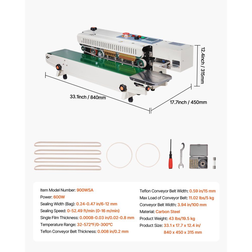 Continuous Bag Band Welding Machine, 0.24-0.47 inch/6-12mm Welding Width, Horizontal Band Welding Machine with Digital Temperature Control, Bag Welder for 0.02-0.8mm Plastic Bags, Inflation Function