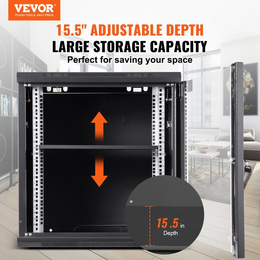 12U Wall Mount Network Server Cabinet 15.5" Deep Server Rack Cabinet Enclosure Approx. 200 lbs. Floor-mounted loading capacity, with lockable glass door side panels, for IT equipment, A/V equipment