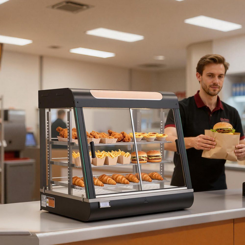 Table chauffante à 3 étages 100 L, vitrine chauffante 1200 W, table chauffante 30-85 °C, chauffe-plats avec éclairage LED et étagères réglables, vitrine alimentaire pour hamburgers, pizza, pain, poulet rôti