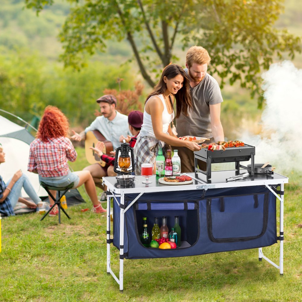Camping-Küchentisch, klappbarer Kochtisch, Outdoor, 3-fach höhenverstellbar, tragbare Kochstation aus Aluminium mit Organizer und Tragegriff, für Grillparty, Picknick, Wohnmobil-Reise, blau Camping-Küchentisch, klappbarer Kochtisch, Outdoor, 3-fach höhenverstellbar, tragbare Kochstation aus Aluminium mit Organizer und Tragegriff, für Grillparty, Picknick, Wohnmobil-Reise, blau