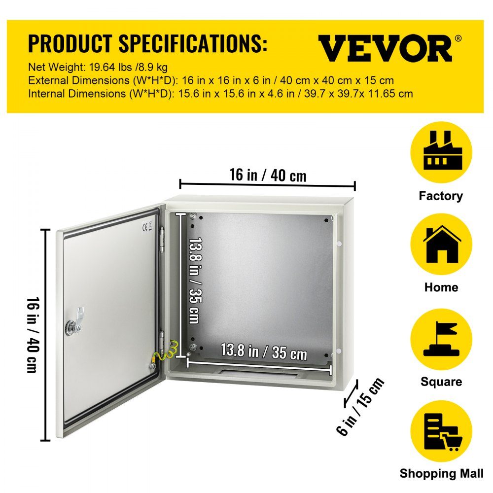 Armoire de commande Boîtier industriel NEMA, armoire de distribution en acier NEMA 4X 40 x 40 x 15 cm, IP66 étanche à l'eau et à la poussière, boîte de jonction électrique extérieure/intérieure, avec plaque de montage