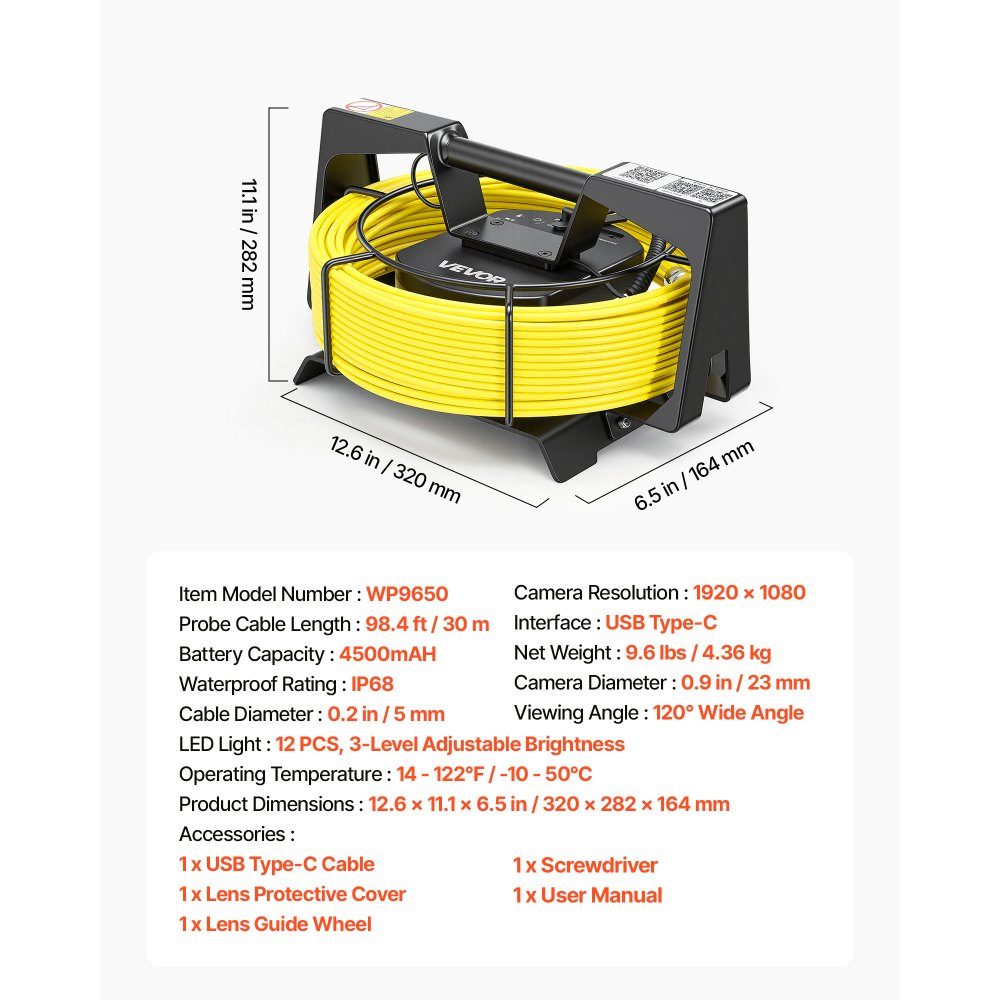 Endoskopkamera mit WLAN, 30-m-Inspektionskamera mit 12 LEDs und 3-Stufen-Licht, IP68-Rohrkamera mit 4500-mAh-Akku und Zählermarkierung, Kanalkamera 1080p HD 120°-Objektiv für die Kanalinspektion