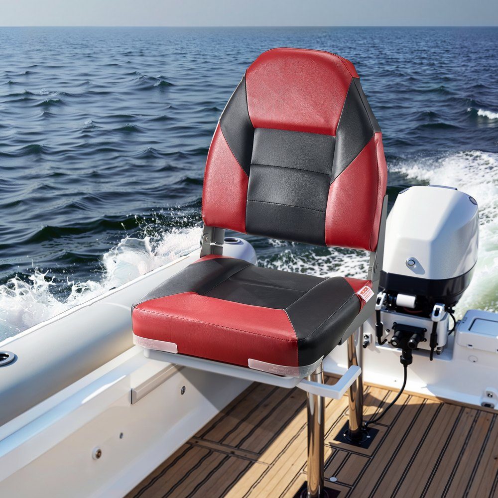 2pcs High Back Boat Seat Folding Fishing Boat Seat with Thick Sponge Cushion and Waterproof PVC Leather Aluminum Alloy Hinges Black and Red