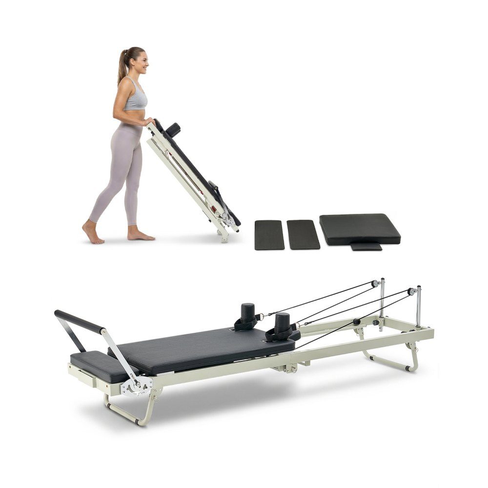 Składany przyrząd do ćwiczeń Pilates Reformer do użytku w domowej siłowni, łóżko do pilatesu z podwójnym oporem — sprężyna i sznurek, dla zaawansowanych i początkujących, do 400 funtów