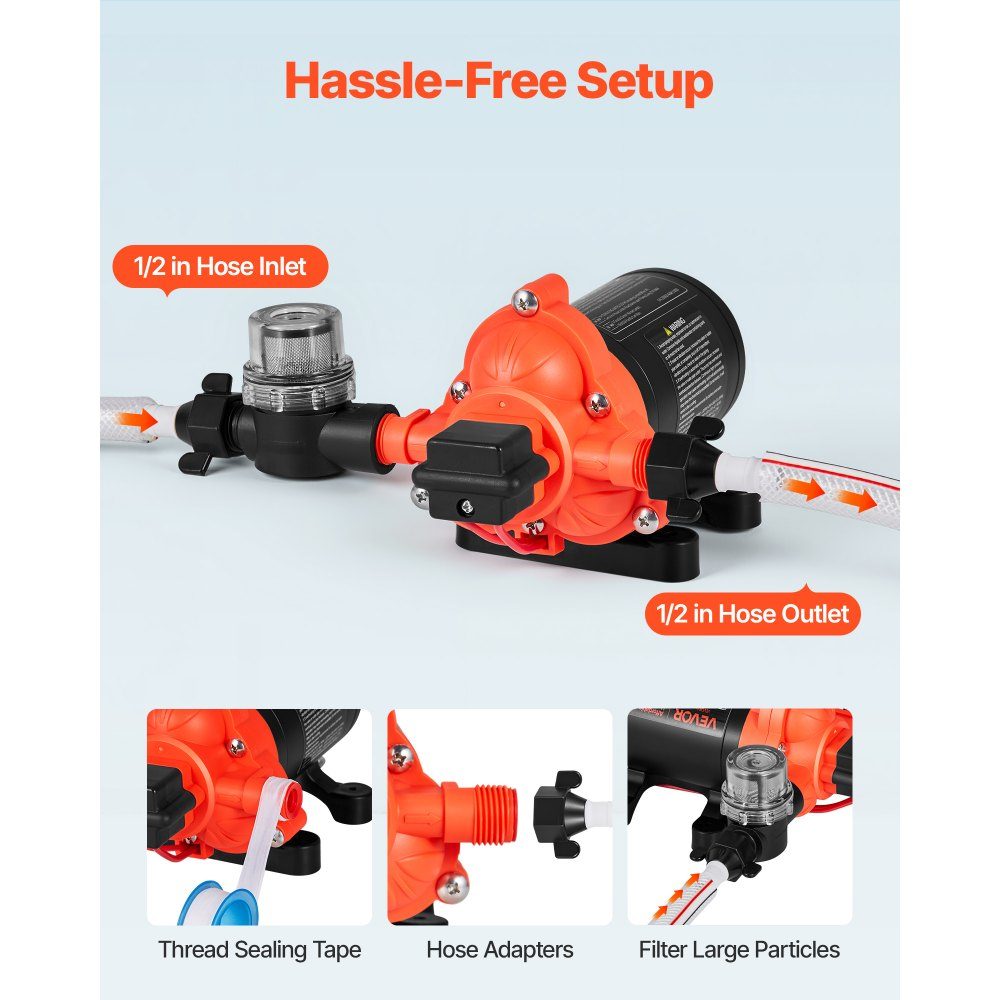 Diaphragm pump, 12V DC, 15.1L/min, self-priming 3-chamber diaphragm water pump with automatic pressure switch, 2.75 bar pressure for motorhome, caravan, ship, yacht, car wash