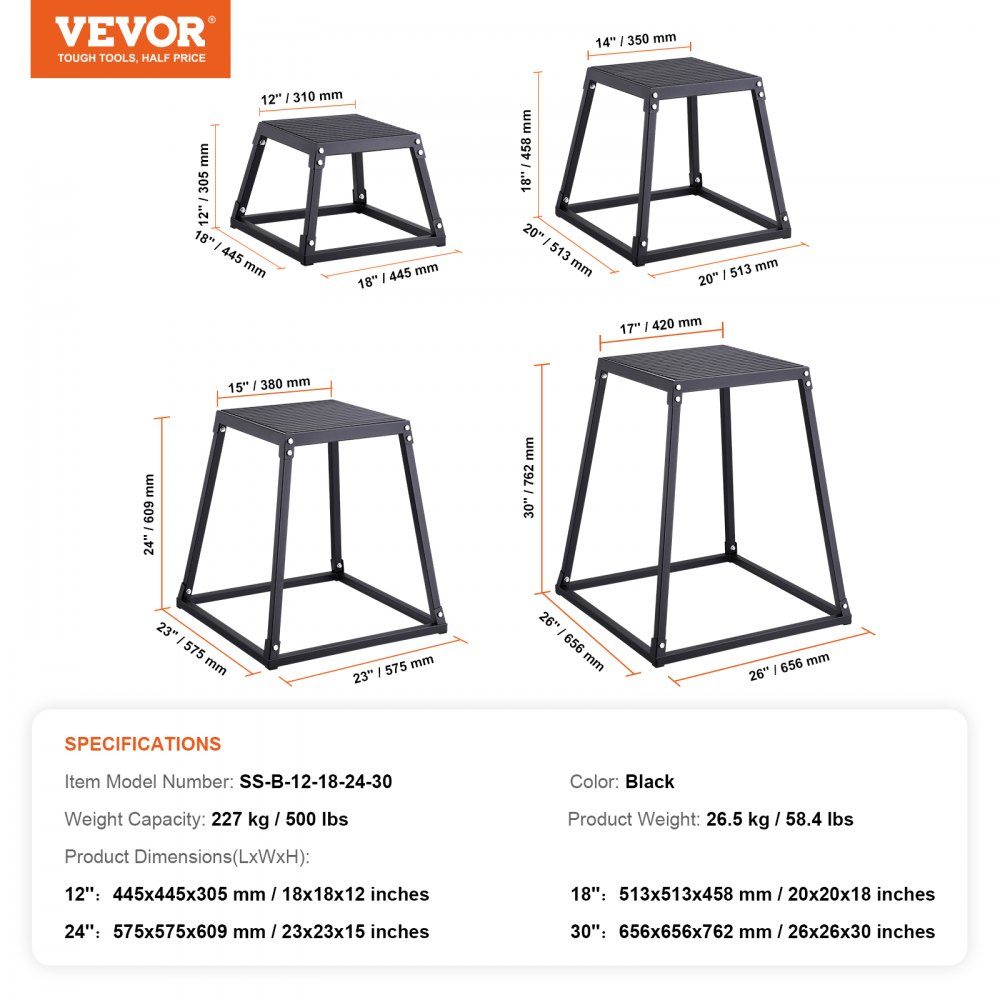 4 Piece Plyometric Jump Boxes, 305/458/609/762mm Plyometric Box Black, Non-Slip Fitness Exercise Step Up Box Set for Home Fitness Training, Conditioning Strength Training, Jump Training