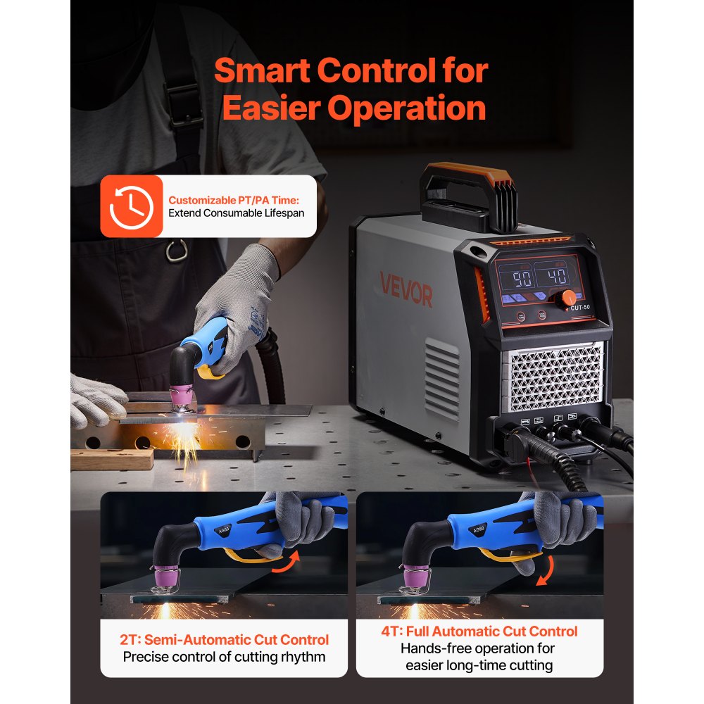 Plasmasnijder 50A Contactloze pilotboogplasmasnijder Digitaal display IGBT-omvormer met 2T/4T-functie en instelbare PA/PT-tijd voor reparaties in de thuiswerkplaats Plasmasnijder 50A Contactloze pilotboogplasmasnijder Digitaal display IGBT-omvormer met 2T/4T-functie en instelbare PA/PT-tijd voor reparaties in de thuiswerkplaats