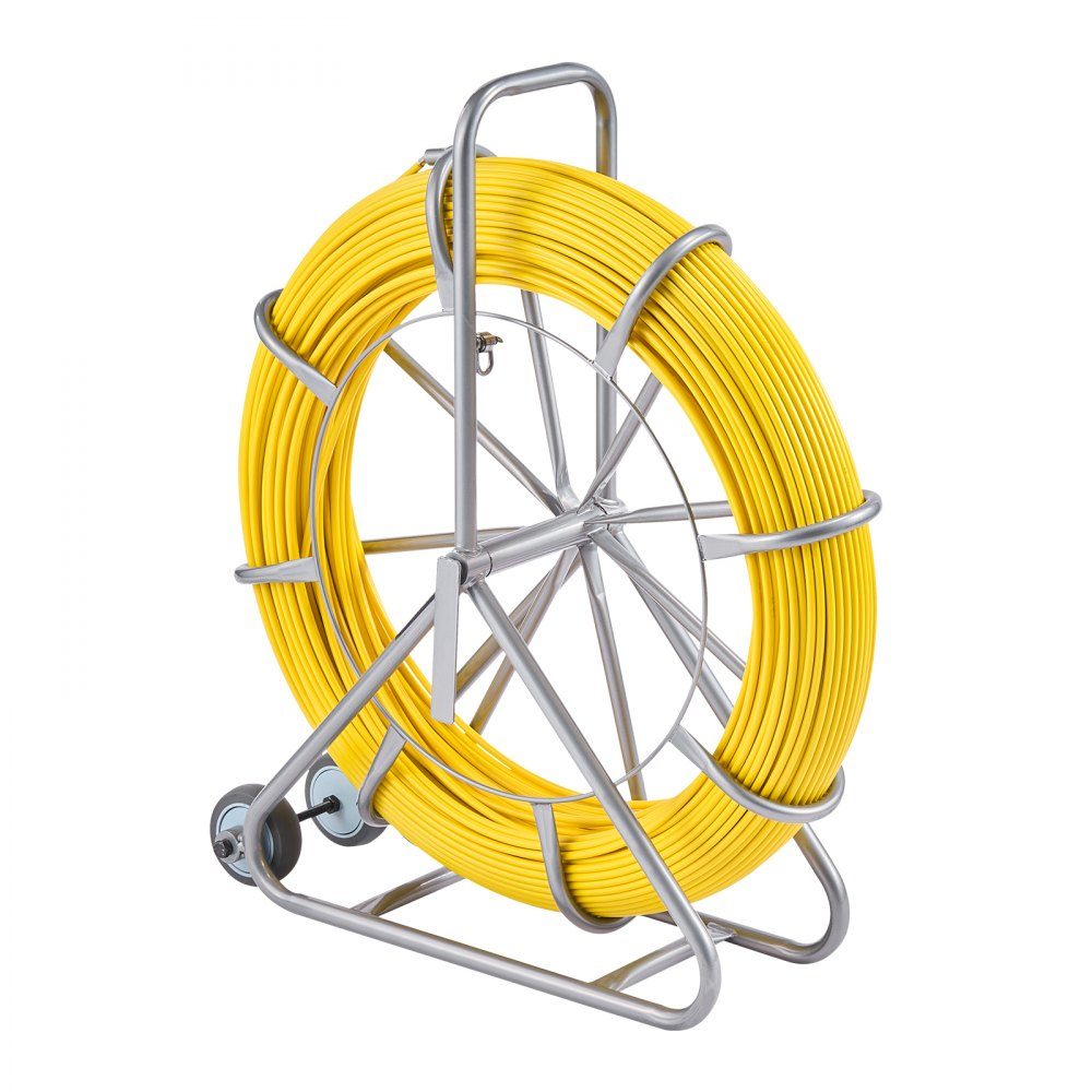 Retractable Tape 200m 5/16" Pipe Puller Retractable Tape Wire Puller Cable Management Rod with Steel Reel Stand 3 Pull Heads Fishing Tool for Walls and Electrical Wires Non-Conductive