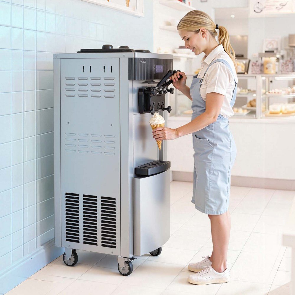 Gewerbliche Softeismaschine 2200 W, freistehende Eismaschine mit 20-28 L/h Produktion, mit 3 Geschmacksrichtungen & 2 Behältern (6 L), Vorkühlung & Selbstreinigung für Imbiss- und Dessertläden