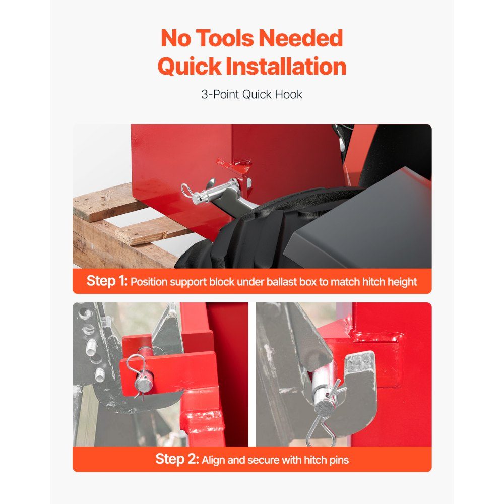 Trailer hitch ballast, 3-point tractor ballast box category 1 with a load capacity of 363 kg, for 5.6 cm trailer hitch, steel large capacity loader attachment with sliding door, red