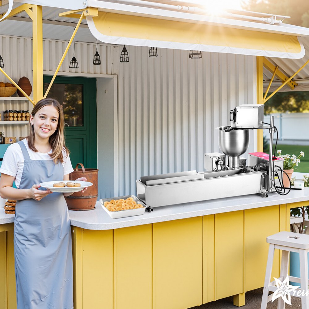 Commerciële automatische donutmachinemaker, roestvrijstalen enkele rij apparatuur (90 stuks / uur) Elektrische donutfriteuse met 3 vormmaten voor bakkerij, restaurants, café Commerciële automatische donutmachinemaker, roestvrijstalen enkele rij apparatuur (90 stuks / uur) Elektrische donutfriteuse met 3 vormmaten voor bakkerij, restaurants, café