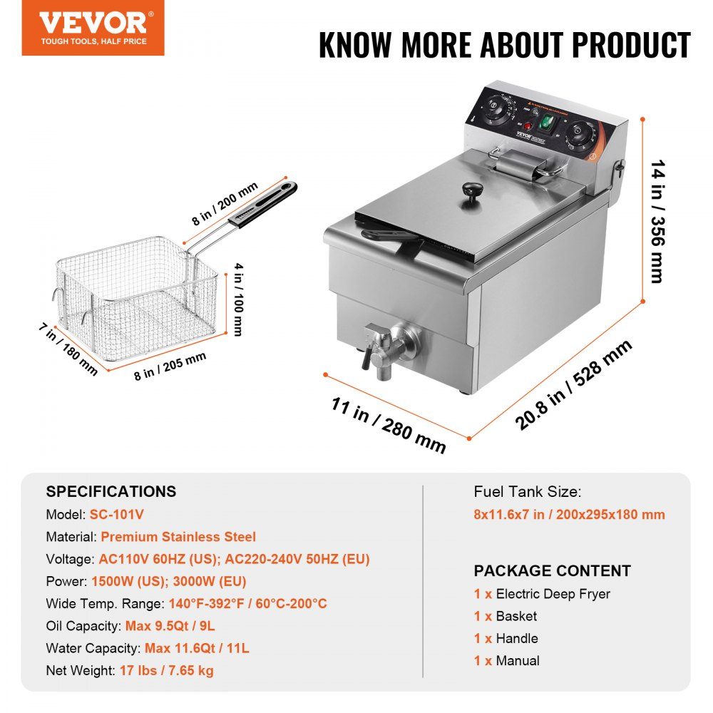 Commercial Deep Fryer, 1500W Electric Deep Fryer with Basket, 9L Stainless Steel Deep Fryer with Time and Temperature Control, Overheat Protection, Deep Fryer for Kitchen, Restaurant, Cafe, Bar