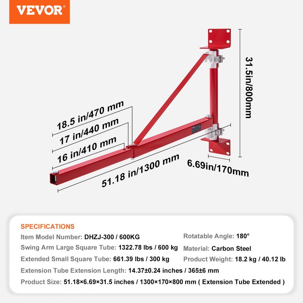 Electric Lift Support Arm 600kg Load Capacity Lift Bracket Swivel Arm with Rod Steel Lift Frame 180° Rotating Scaffolding Lift Arm Winch Lifting Arm for Workshop Garage