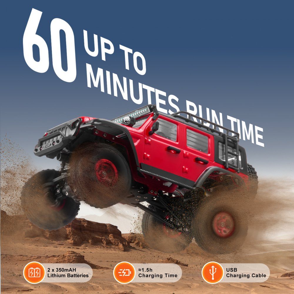 Remote control car, 1:24 scale RC car, all-terrain 4x4 off-road vehicle with full lighting and 2 rechargeable batteries, 2-speed hobby racing car as a gift for children aged 14 and over