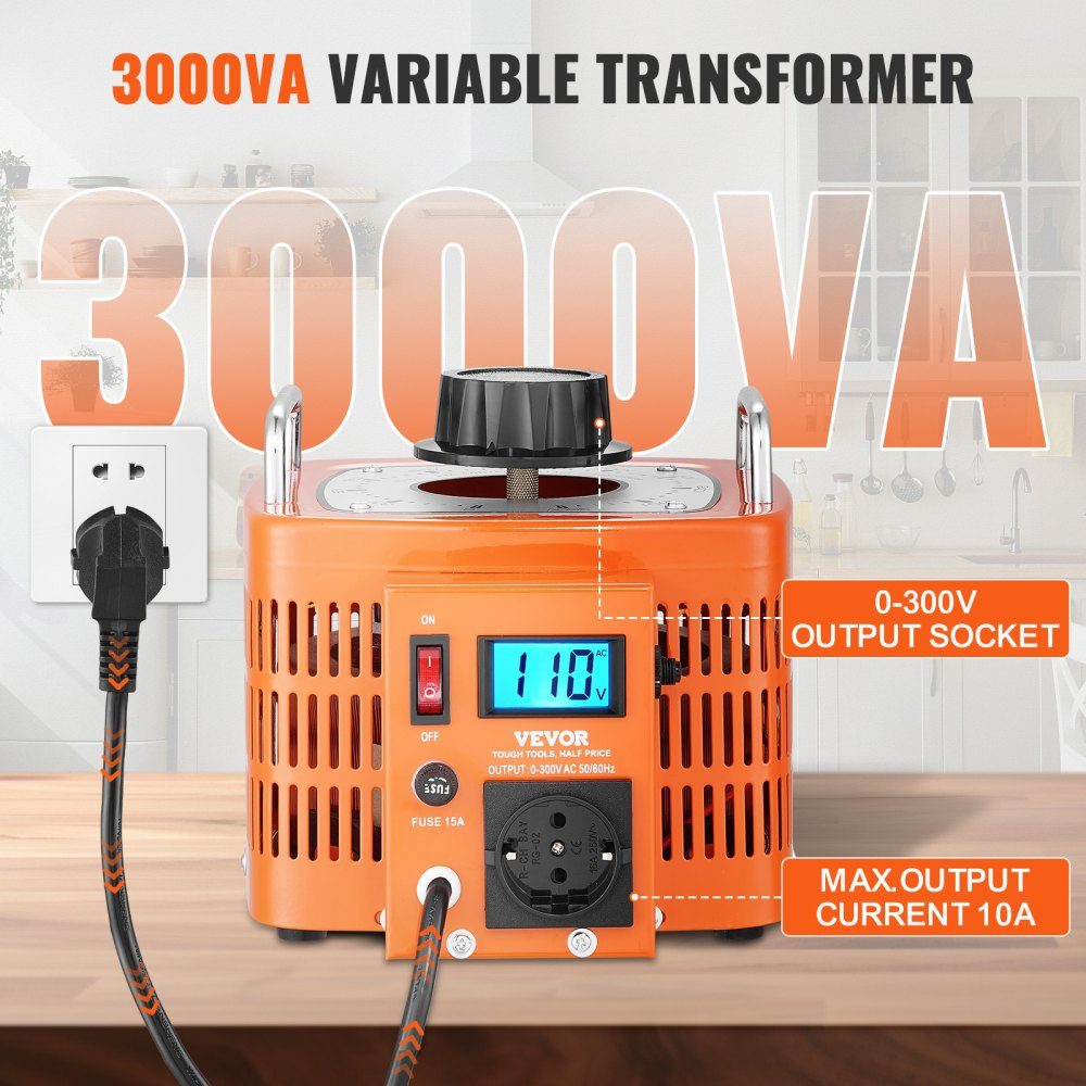 3000VA Automatic Variable Voltage Transformer 10Amp 230V Input 0-300V Output AC Voltage Regulator with LCD Display 4 Extra Fuses