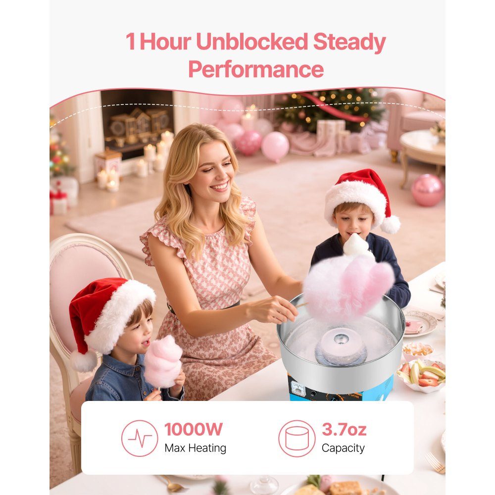 Cotton Candy Machine, 1000W Electric Cotton Candy Machine with 38cm Stainless Steel Bowl and Candy Spoon, Makes Cotton Candy for Home Birthdays, Family Reunions, Blue, 3500RPM