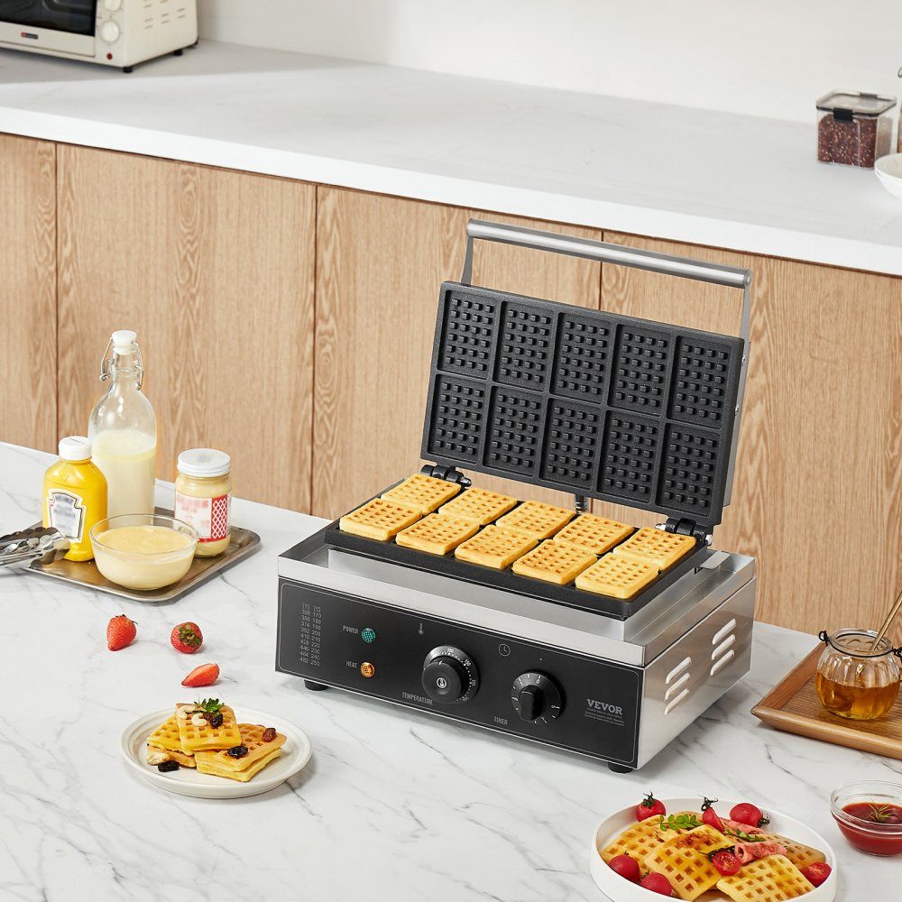 Kommerzielles Waffeleisen, 1550 W, antihaftbeschichtetes Waffeleisen aus Edelstahl mit Temperatur- und Zeitkontrollgriff, für Restaurant, Bäckerei, Snackbar, Familie, 10 rechteckige Waffeln