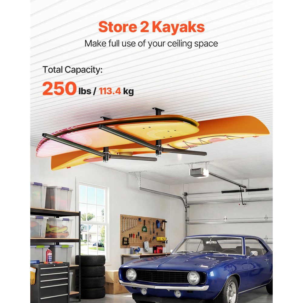 Kayak Storage Rack for 2 Kayaks/Canoes/Surfboards/Paddleboards, Kayak Stand, Ceiling Rack for Garage Mount, Adjustable Kayak Bracket (Ceiling Mount) with 250lb Load Capacity