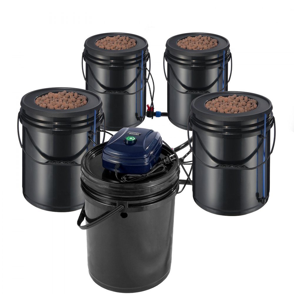 RDWC Hydroponic Growing System, Hydroponic Growing Kit with Drip Top, Circulation Deep Water Culture, 4 Buckles and 1 Reservoir, with Air Pump and Water Level Indicator for Leafy Vegetables