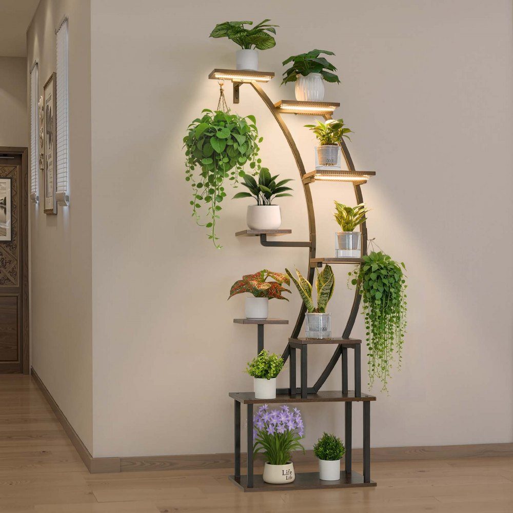 Plantenstandaard met groeilicht, 9-laags bloementrappen, metalen bloemenstandaard, 3 timers en 10 helderheidsniveaus, bloemenplank voor woonkamer- en balkondecoratie, 62 x 28 x 160 cm