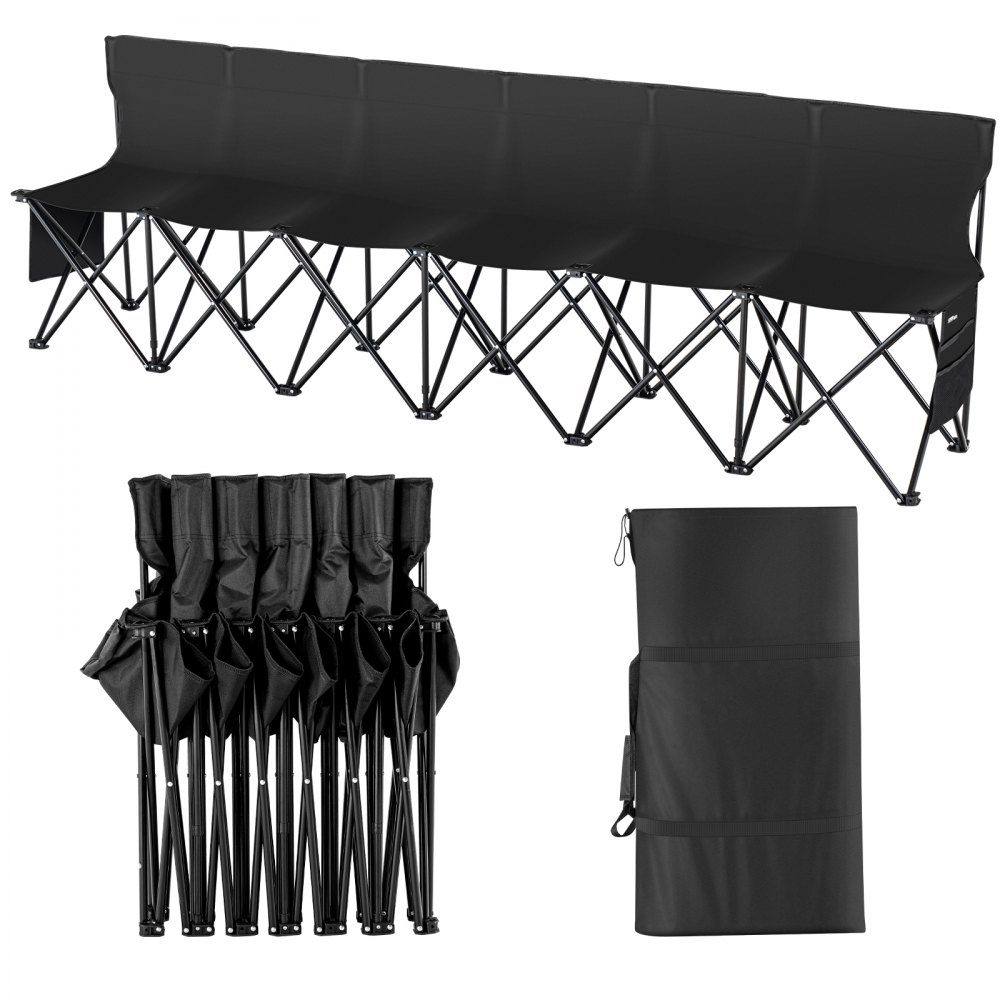 Portable Folding Bench, 6 Seater Folding Side Bench, Outdoor Camping Bench Chair with Carry Bag and Backrest, Team Sports Side Bench for Football Fishing, No Assembly Required, Instant Sitting, Black