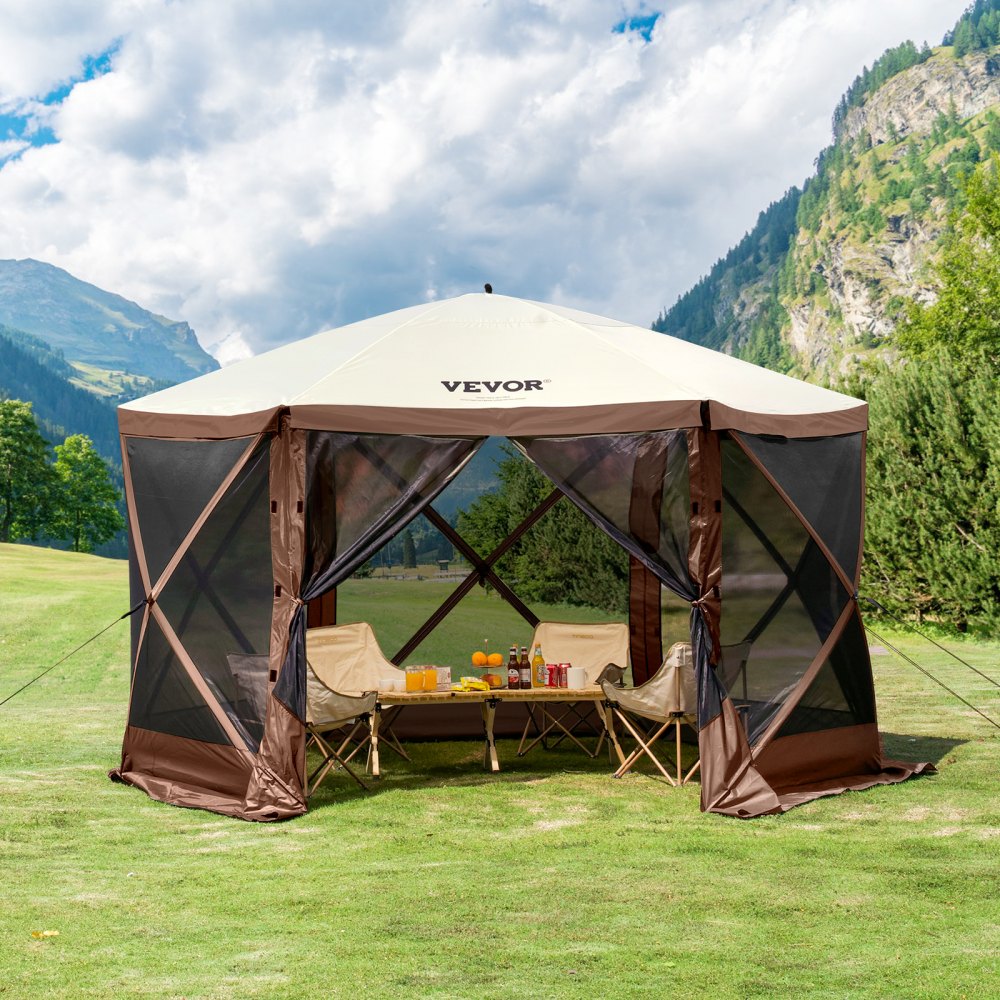 Pop-up tuinhuisje, pop-up tent met 6 zijluifels, zonnescherm met 6 verwijderbare privacywinddoeken en gaasramen, 12,5 x 12,5 voet, snel op te zetten tent met klamboe, bruin
