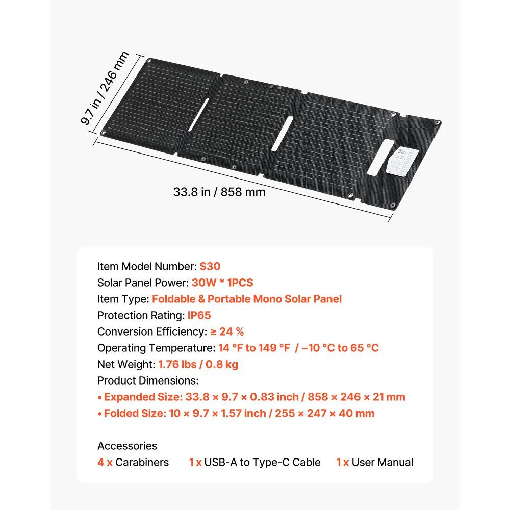 Składany panel słoneczny 30 W, monokrystaliczny panel słoneczny typu N 16BB, przenośna ładowarka słoneczna z portami USB-A, USB-A (QC3.0) i Type-C do biwakowania, wędrówek z plecakiem, telefonów komórkowych i tabletów