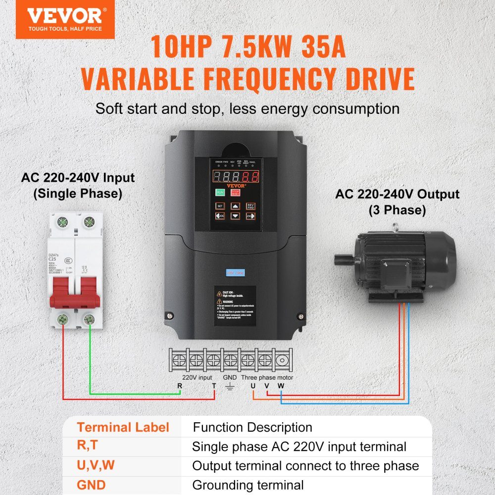 Frequenzumrichter VFD 10 PS 7,5 kW 35 A 1 oder 3 Phasen 220 V Eingang zu 3 Phasen 220 V Ausgang 40–60 Hz Eingang 0–400 Hz Ausgang VFD für Spindelmotor CNC-Geschwindigkeitsregelung
