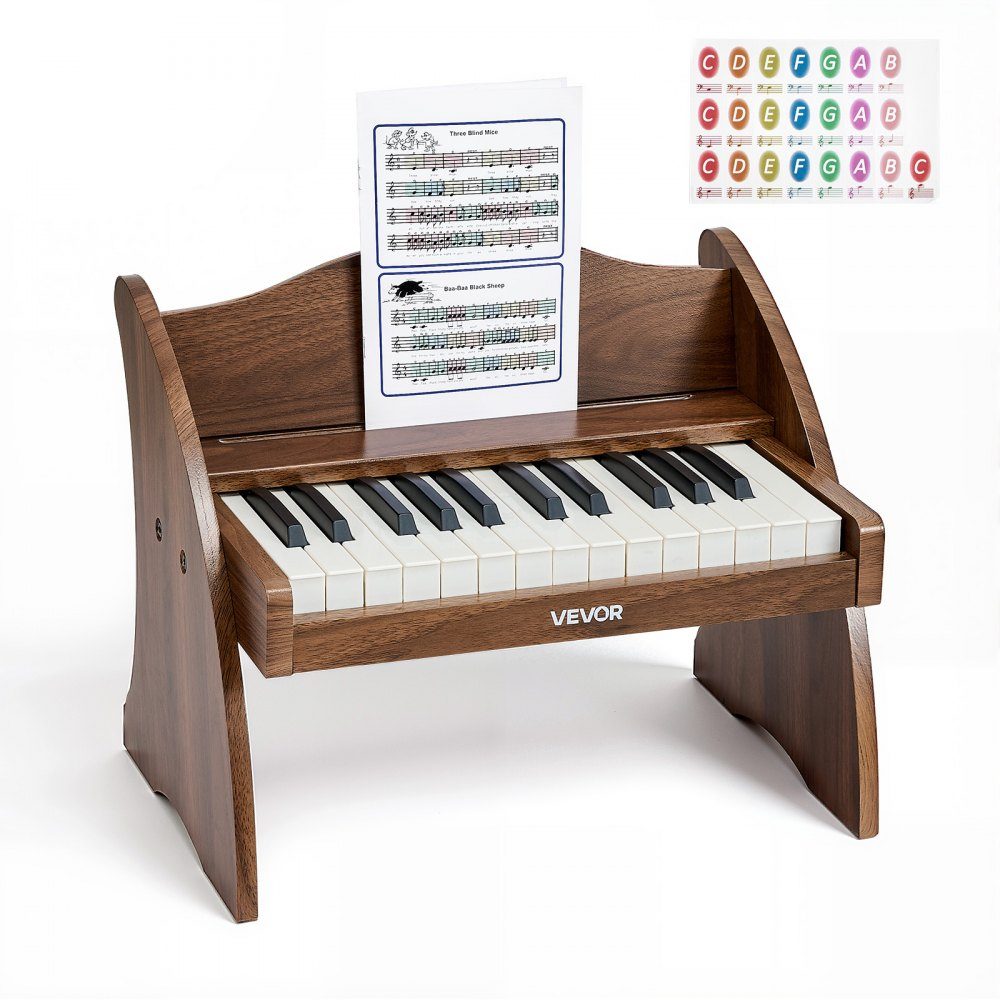 Children's keyboard, 25 keys, electric piano, wooden piano for children aged 3 and over, musical toy with realistic sound, dual power, adjustable volume, early musical education, walnut wood