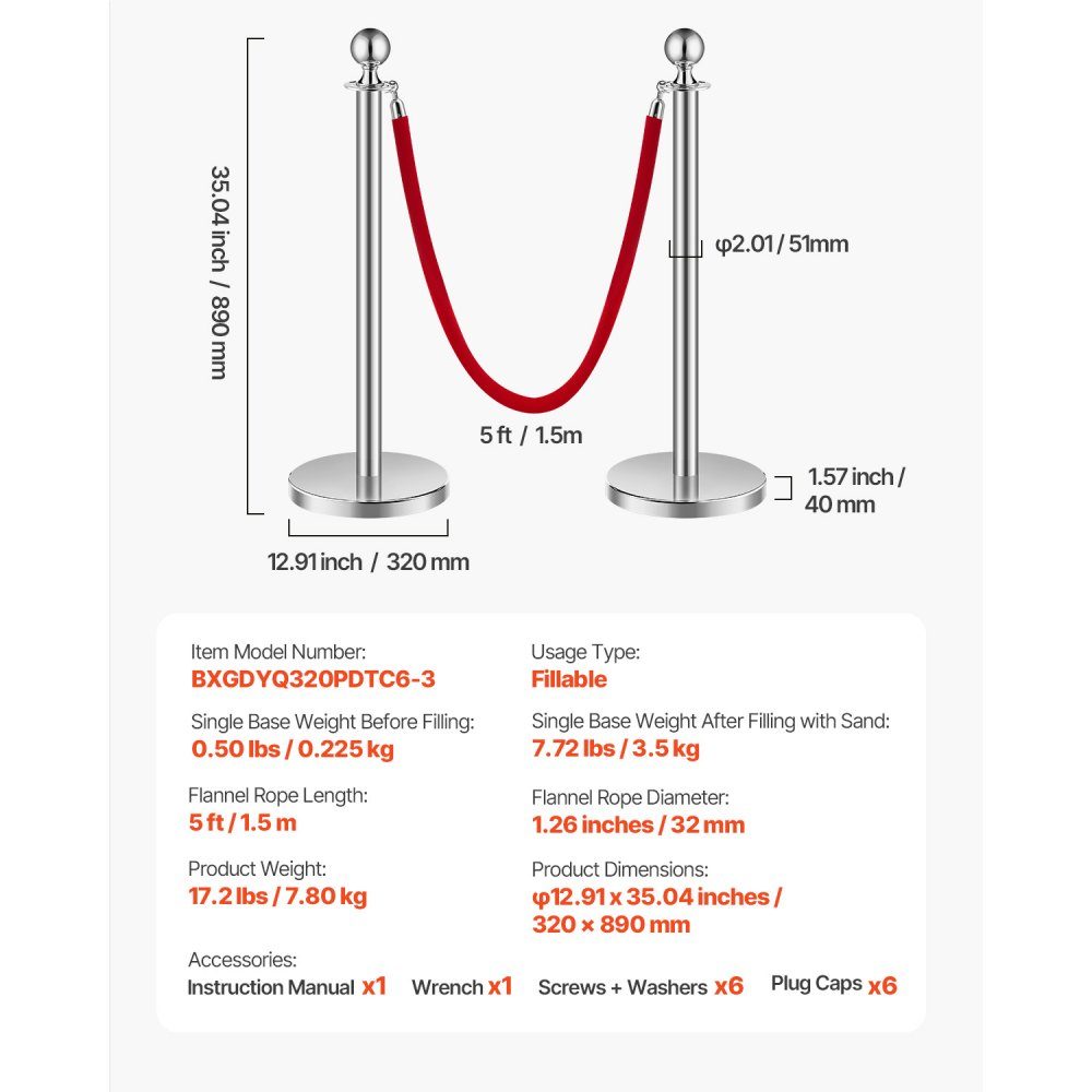 Afzetpalen (6 stuks) voor crowd control met 3 roodfluwelen touwen (1,5 m lang), slagboomstandaard van roestvrij staal met navulbare voet voor tentoonstellingen, zilver