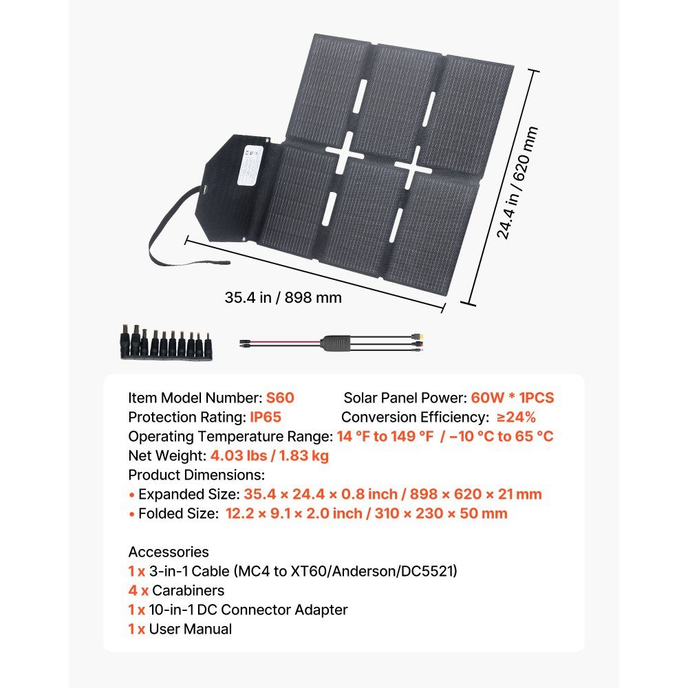 Foldable solar panel 60W, 16BB N-type monocrystalline solar panel with 24% efficiency, solar charger with MC4 output, Type-C, USB-A and DC ports for power stations when camping