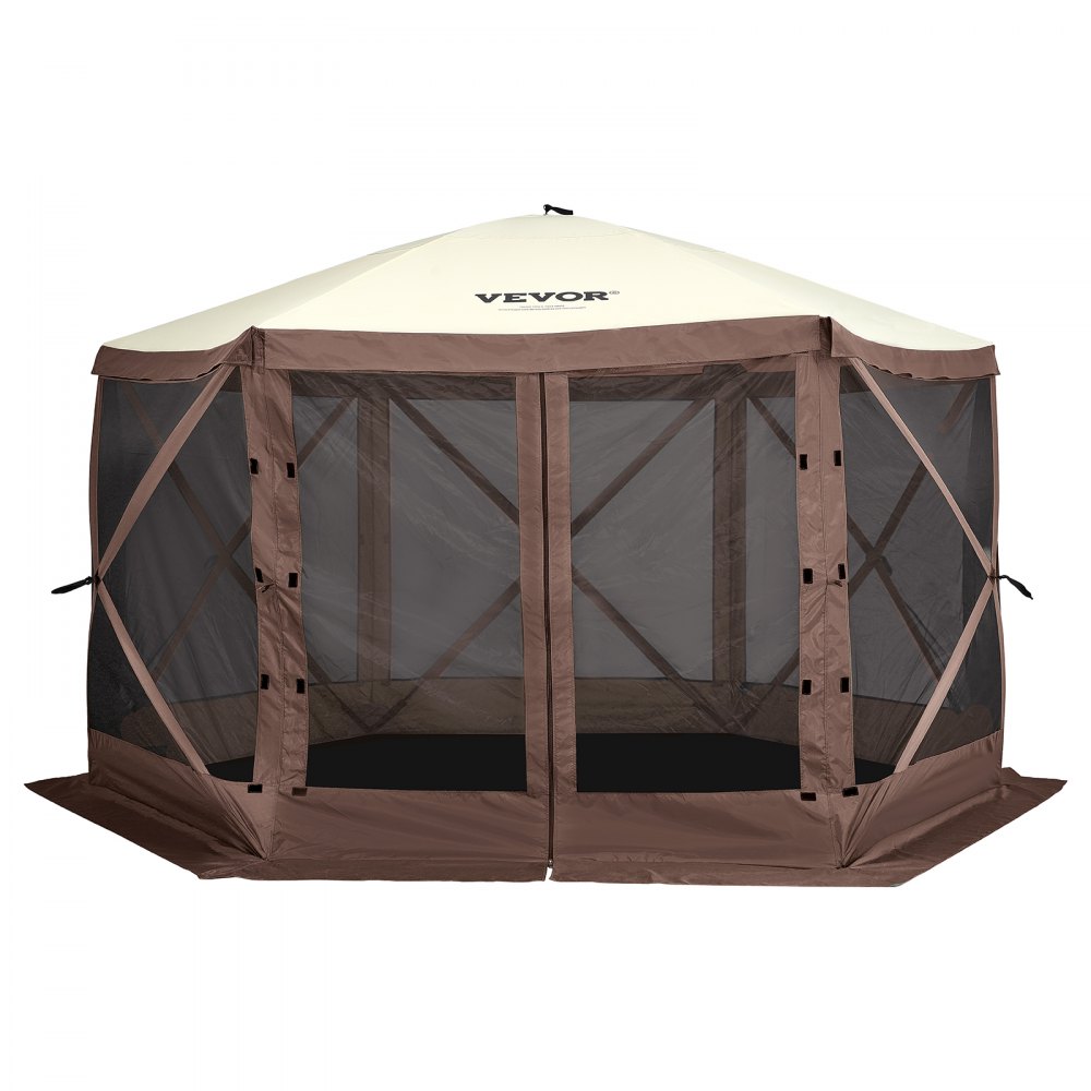 Pop-up tuinhuisje, pop-up tent met 6 zijluifels, zonnescherm met 6 verwijderbare privacywinddoeken en gaasramen, 12,5 x 12,5 voet, snel op te zetten tent met klamboe, bruin