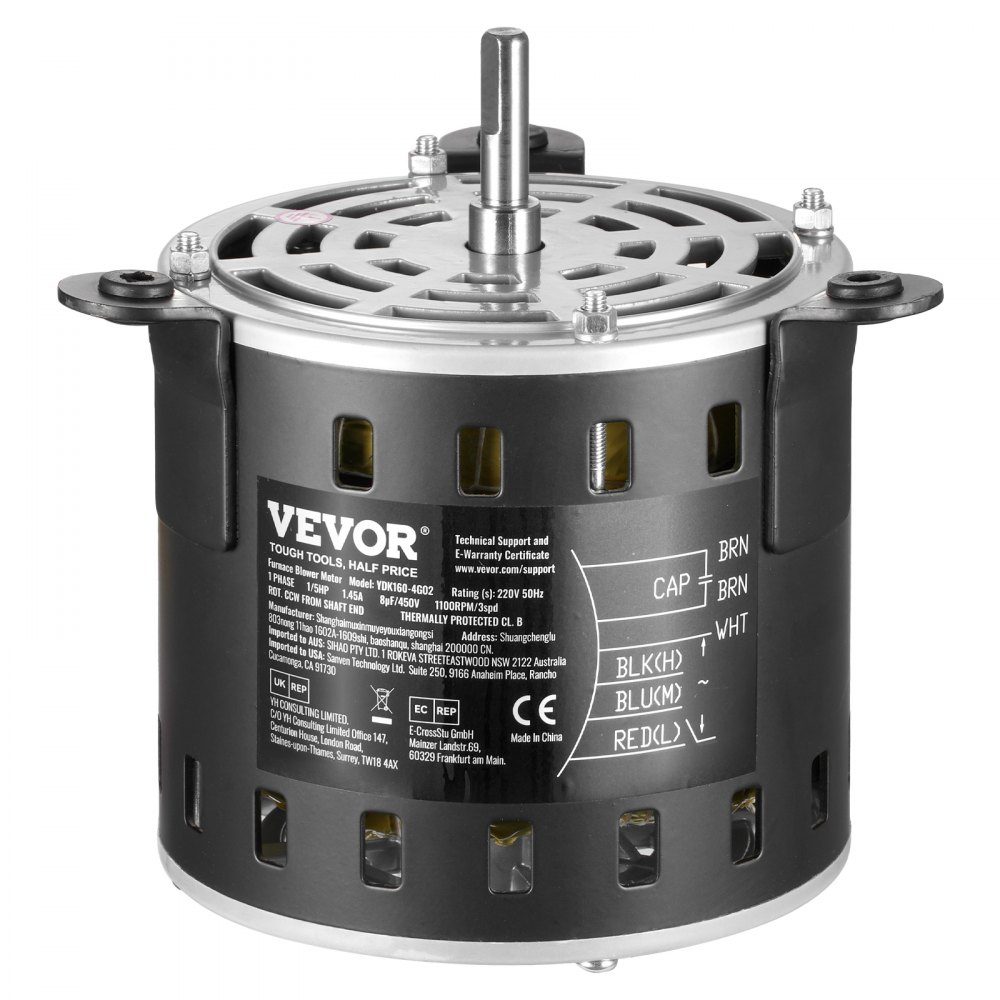 1/5 HP Blower Motor, 220V, 1.45 Amp, 3 Speeds (700/900/1100 RPM), 10mm Shaft Diameter, 20mm Shaft, RED. CCW from shaft end, including CBB60 8 μF / 450 V capacitor