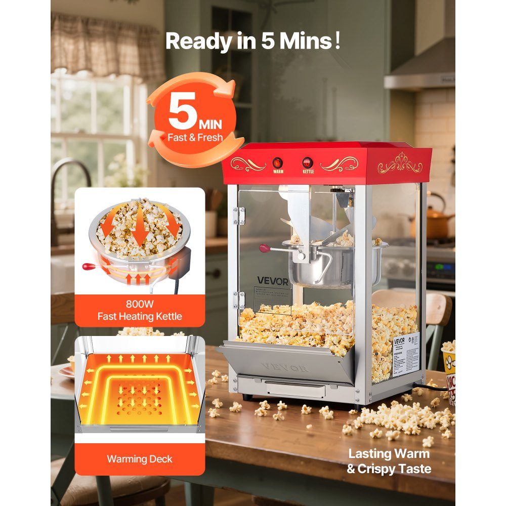 Popcorn Machine with Stainless Steel Boiler, 800W Commercial Popcorn Machine, 48 Cups per Load, Cinema Style, with 2 Button Control, Glass Wall, PC Door, 1 Scoop, 3 Spoons, Red