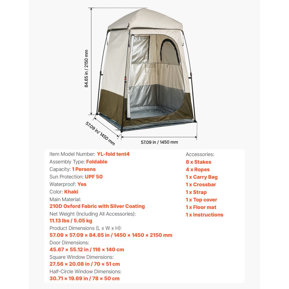 Douchetent met 1 kamer, waterdichte toilettent (145x145x215 cm), kleedtent inclusief haringen en touwen en draagtas en dwarsbalk, gemaakt van 210D Oxford-stof voor kamperen, strandvissen, kaki Douchetent met 1 kamer, waterdichte toilettent (145x145x215 cm), kleedtent inclusief haringen en touwen en draagtas en dwarsbalk, gemaakt van 210D Oxford-stof voor kamperen, strandvissen, kaki