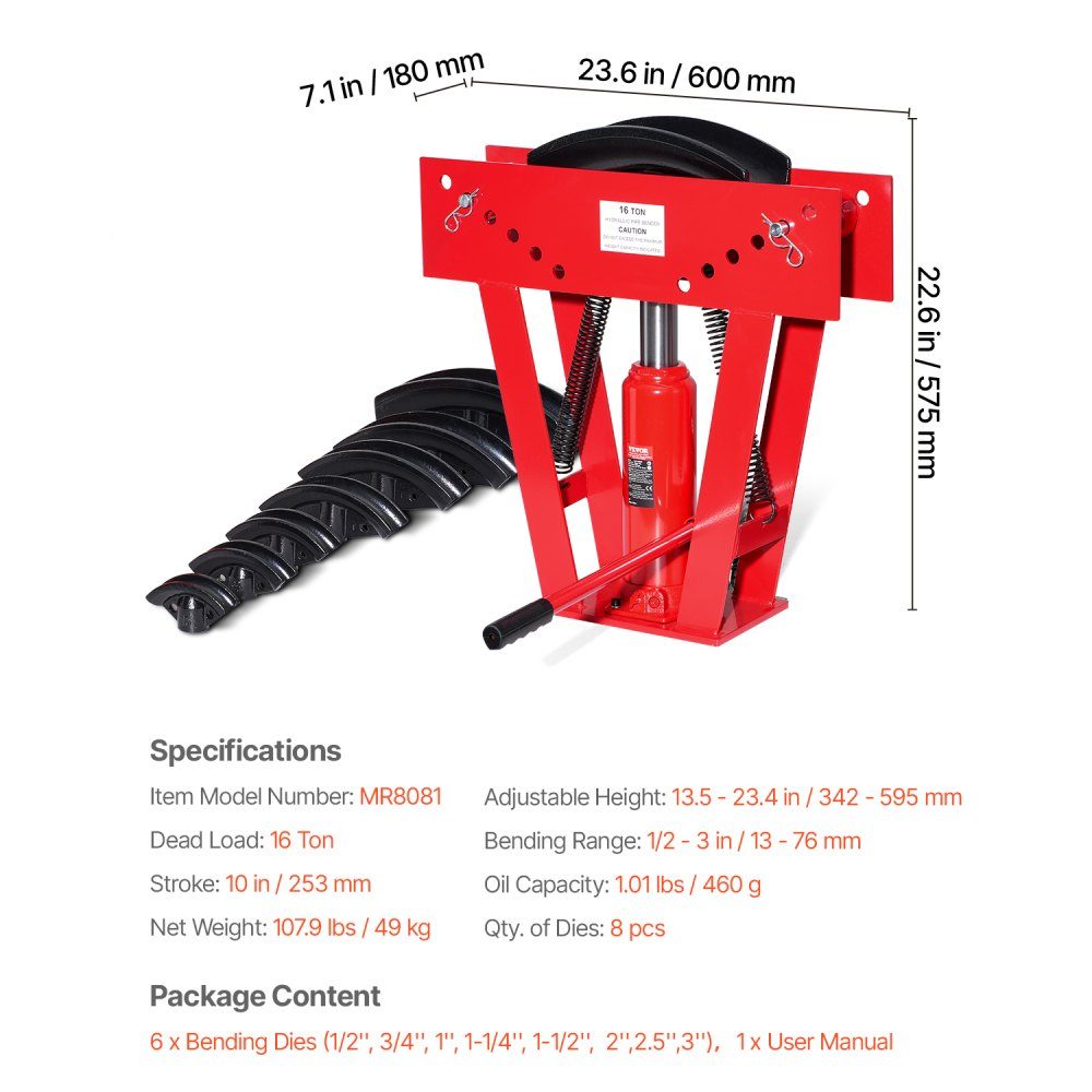 Hydraulischer Rohrbieger, 16-Tonnen-Rohrbieger, Rohrbieger mit 8 Matrizen (1/2, 3/4, 1, 1-1/4, 1-1/2, 2, 2,5, 3 Zoll), 90–180° verstellbare Rollen zum Biegen verschiedener Metallarten