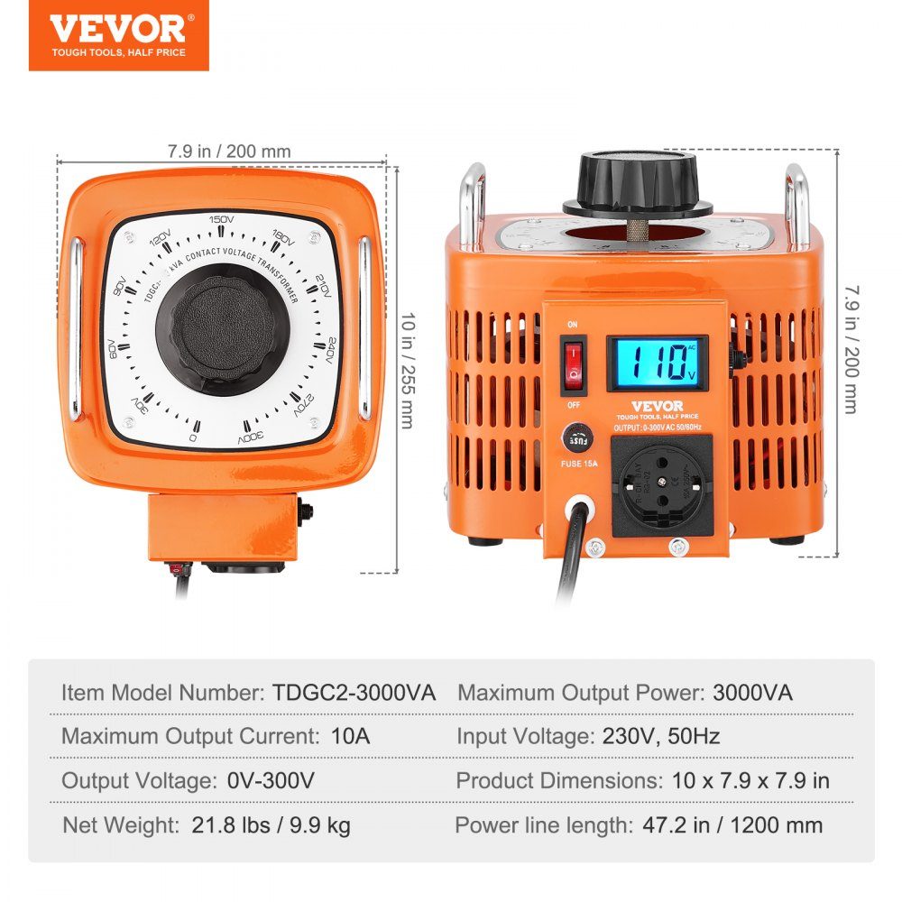 3000VA Automatic Variable Voltage Transformer 10Amp 230V Input 0-300V Output AC Voltage Regulator with LCD Display 4 Extra Fuses