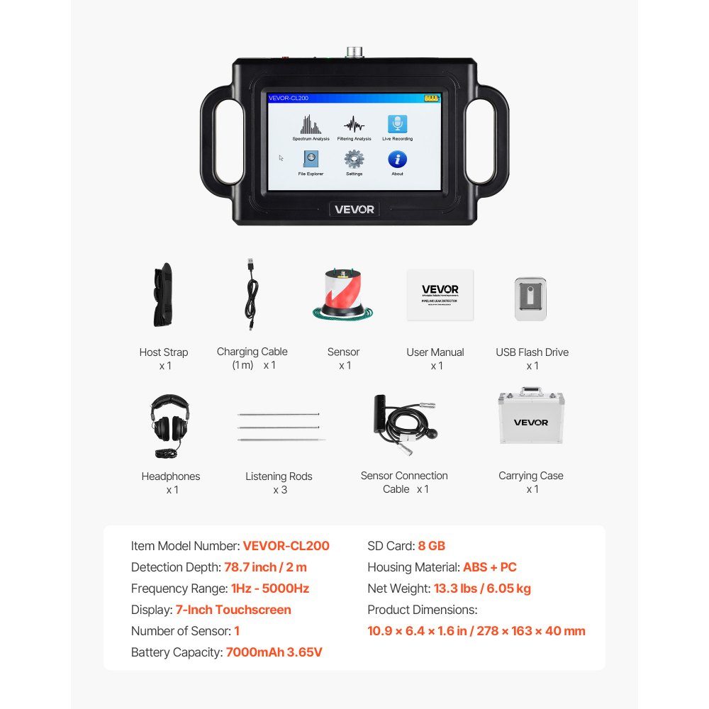 Lekdetector voor pijpwater, 1 Hz-5000 Hz, 7" touchscreen-lekdetector voor pijpen met een diepte van 2 m - met sensor, 3 luisterstaven, hoofdtelefoon, kaart van 8 GB en draagtas