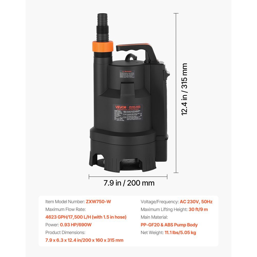 690W Tauchpumpe, 17500L/h, PP-GF20 Schmutzwasserpumpe für Abwasser, Schmutzwasser & Reinwasser mit automatischem Schwimmerschalter, 9m Förderhöhe, für Pools, Teiche, überschwemmte Gebiete