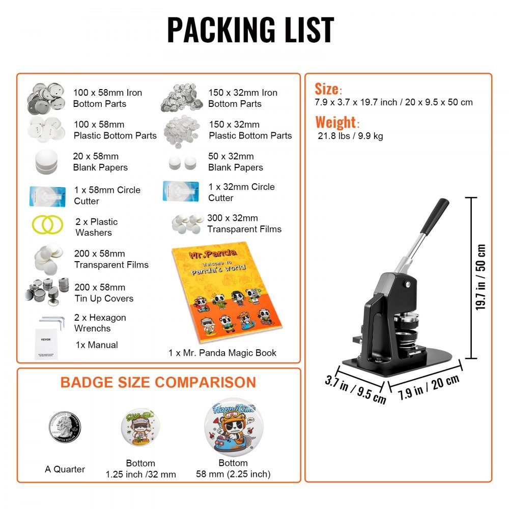 Button machine button machine 200 pieces 58 mm & 300 pieces 32 mm, button punch press including Mr. Panda magic book & Allen key, aluminum alloy button maker for badge press