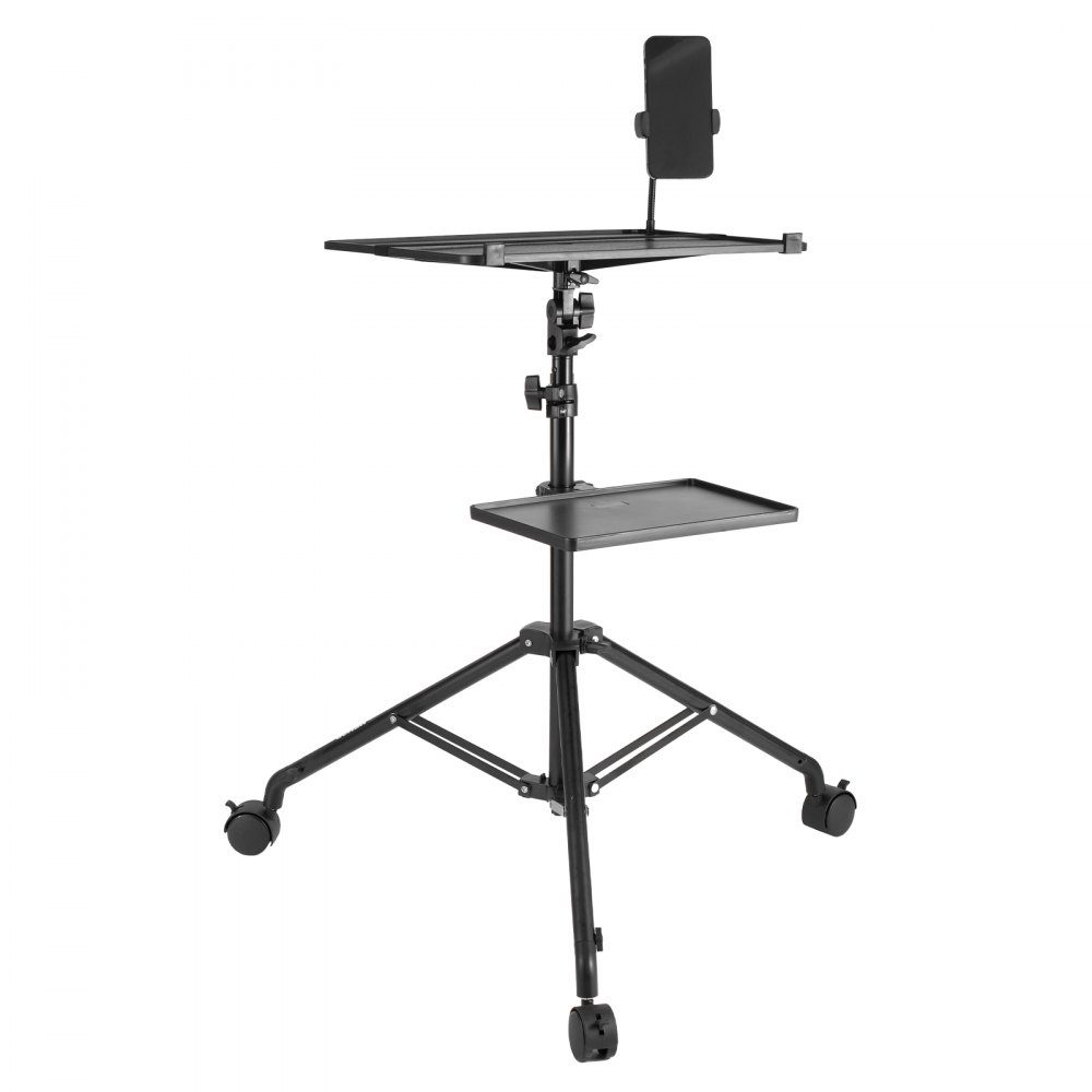 Projectorstandaard met wielen, laptopstandaard, statief, in hoogte verstelbaar van 795 tot 1710 mm, projectorstatief met 2 planken en zwanenhals telefoonhouder, buiten/kantoor/studio, thuis
